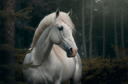 Portrait of a white horse in the forest.の素材