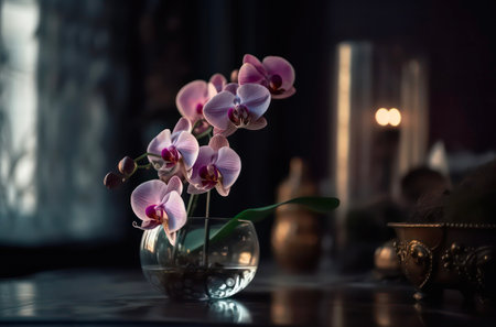 Purple orchid in a glass vase on a table indoor.の素材