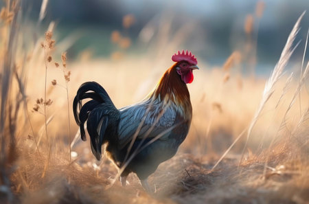 Rooster is walking in the grass.の素材