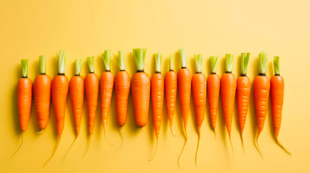 Raw carrots evenly spread on yellow background, top view.の素材