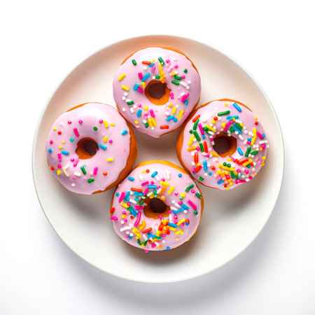 Top view of plate of donuts with pink glaze and sprinkles on white background.の素材