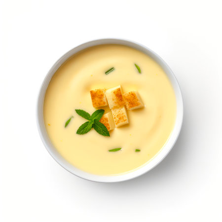 Top view on cheese soup on white background.の素材