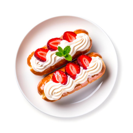 Top view of strawberry eclairs with whipped cream on white background.の素材