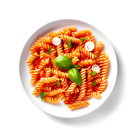Top view on plate of fusilli pasta on white background.の素材