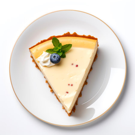 Top view of a piece of cheesecake on white background.の素材