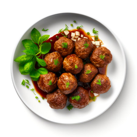 Top view on meatballs with sauce on white background.の素材