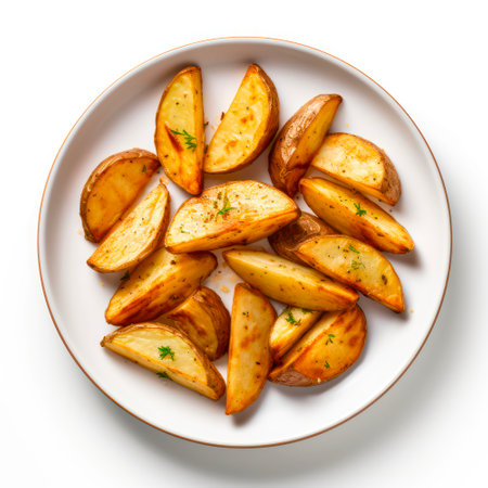 Top view on plate with baked potato wedges on white background.の素材
