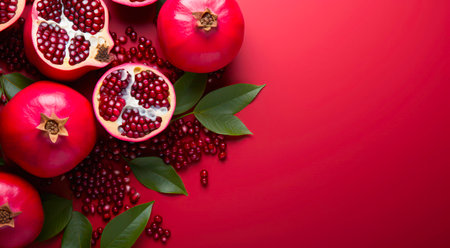Top view of pomegranates on red background with copy space.の素材