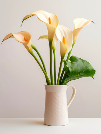 Bouquet of white calla flowers in a vase on a table.の素材