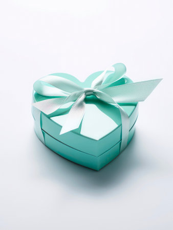 Light blue heart shaped gift box with ribbon and bow.の素材