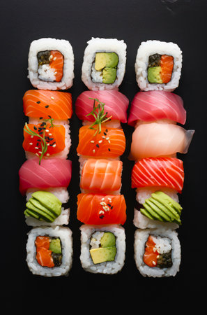 Top view on set of sushi on black background.の素材