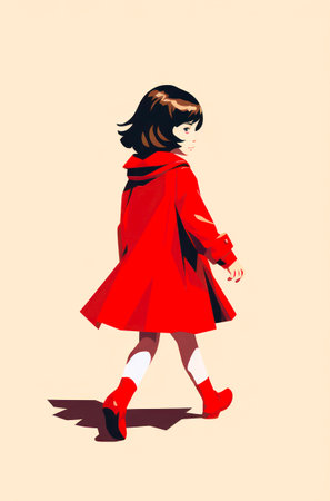 Little girl in red dress on yellow background, cartoon illustration.の素材