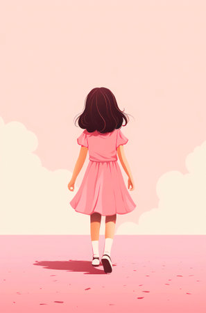 Little girl in pink dress walks alone, cartoon illustration.の素材