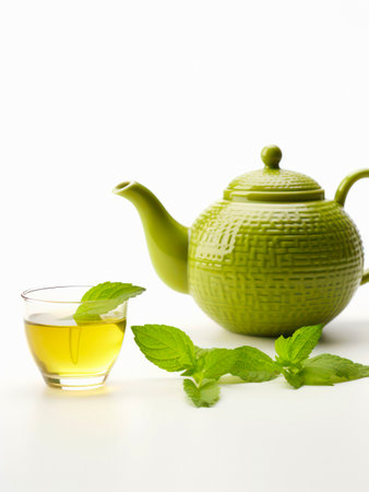 Teapot and cup of green tea on white background.の素材