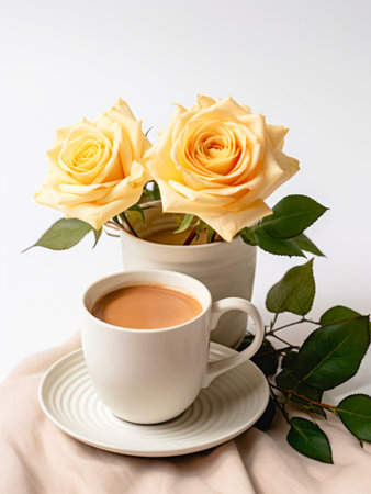 Vase with two cream roses and cup of cappuccino on a table.の素材