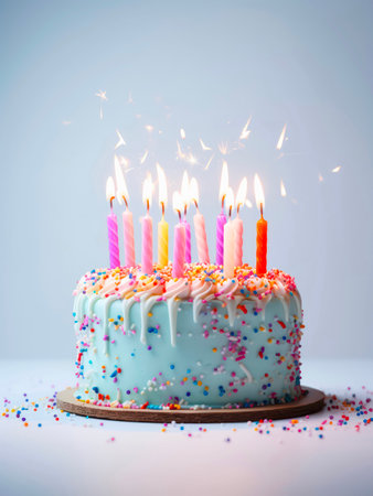 Birthday blue cake with burning candles.の素材