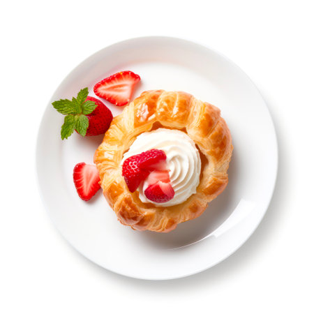 Top view on puff bun with whipped cream and strawberries on white background.の素材