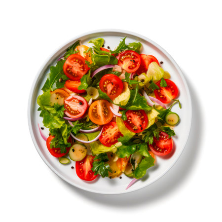 Top view plate of vegetable salad on white background.の素材