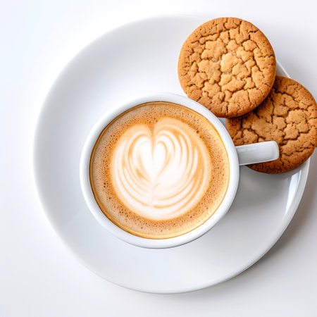 Top view of cup of cappuccino and cookies on white background.の素材