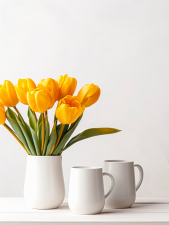 Vase with bouquet of yellow tulips and two cups of coffee on a table.の素材