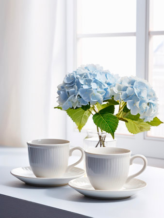 Vase with bouquet of blue hortensia flowers and two cups of coffee on a table at home.の素材