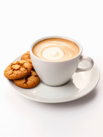 Cup of cappuccino and cookies on white background.の素材