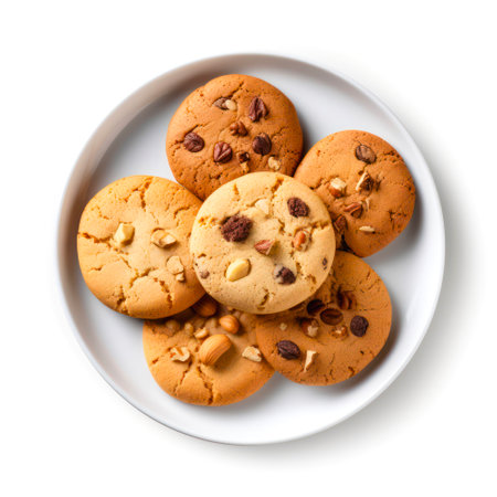 Top view of plate with cookies on white background.の素材