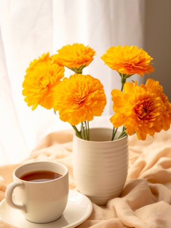 Cup of tea and bouquet of marigold flowers in a vase.の素材