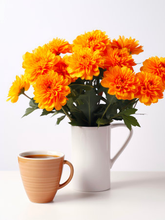 Cup of coffee and bouquet of marigold flowers in a vase on white background.の素材