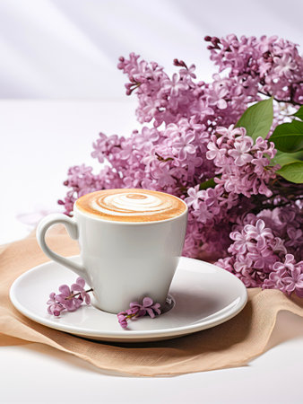 Cup of cappuccino and bouquet of lilac flowers on a table.の素材