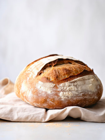 Loaf of fresh bread on a table on white background.の素材