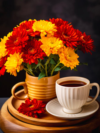 Cup of black coffee and bouquet of marigold flowers.の素材