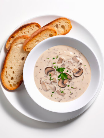 Top view of mushroom soup served with slices of bread on white background.の素材