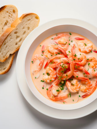 Top view of soup with shrimps served with slices of bread on white background.の素材