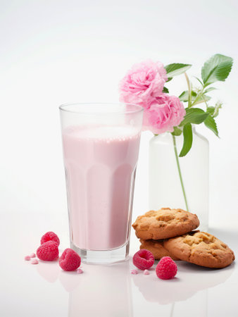 Glass of milk cocktail and cookies on white background.の素材