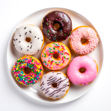 Various colorful donuts on white background, top view.の素材