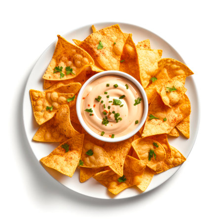 Plate of nachos with cheese sauce on white background, top view.の素材