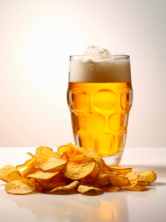 Potato chips and glass of lager beer.の素材
