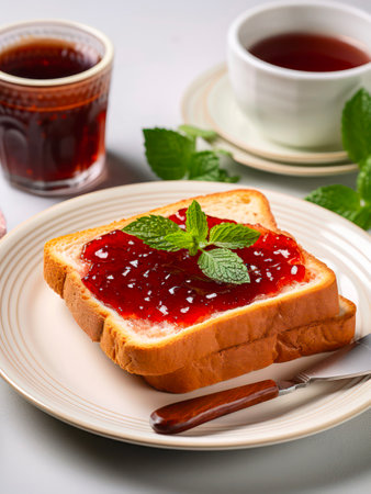 Breakfast with coffee and toast with jam.の素材