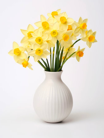 Bouquet of narcissus flowers in a vase on white background.の素材