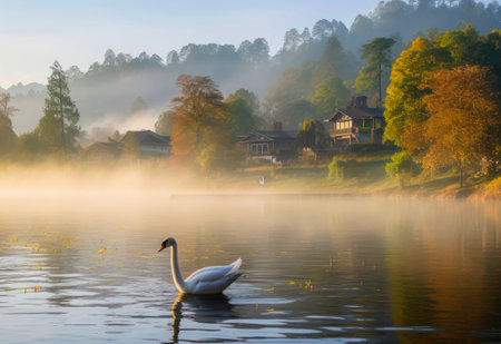 Swan swimming on a lake near the village.の素材