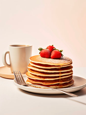 Stack of pancakes with strawberries and cup of coffee.の素材