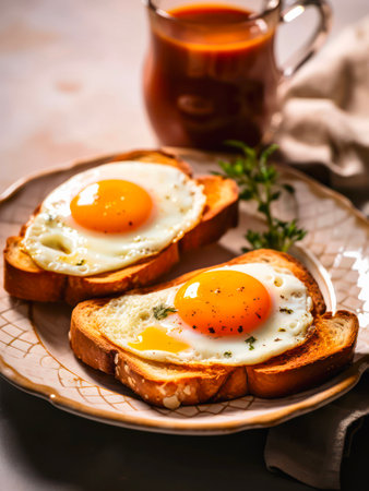 Two toasts with fried eggs and cup of black coffee.の素材