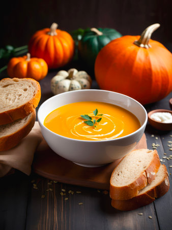 Pumpkin soup served with slices of bread on a wooden table.の素材
