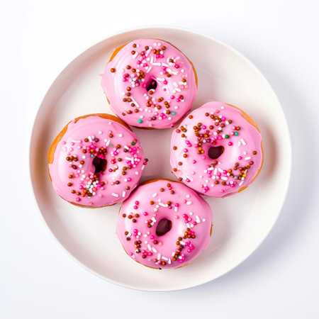 Top view of plate of donuts with pink glaze and sprinkles on white background.の素材