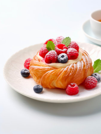 Plate of puff bun with berries on white background.の素材