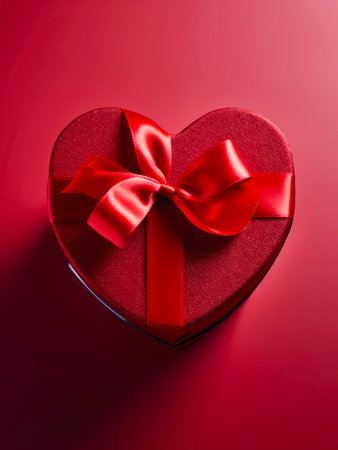Top view of red heart shaped gift box with ribbon and bow.の素材
