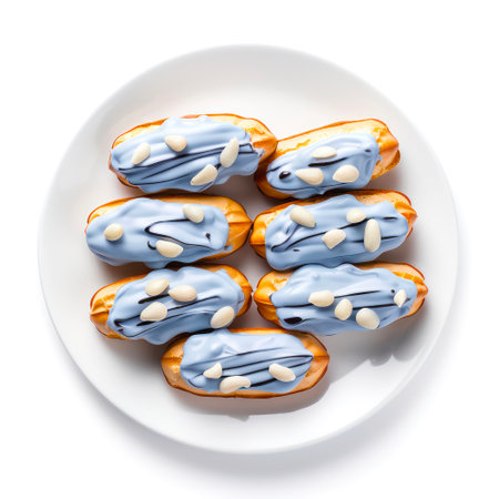 Top view of eclairs with blue frosting on white background.の素材