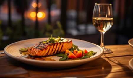Glass of white wine and plate of steak of grilled salmon on wooden table in restaurant.の素材