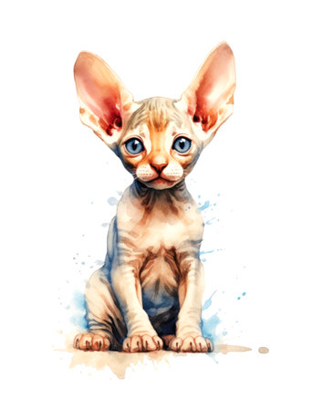 Watercolor cartoon illustration of a cute Sphynx kitten on white background.の素材